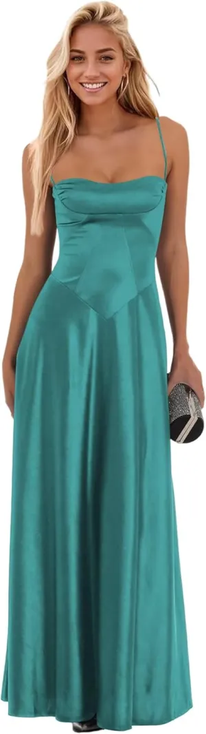Satin Long Bridesmaid Dress 2025 A Line Spaghetti Straps Formal Evening Prom Dresses for Women IK063