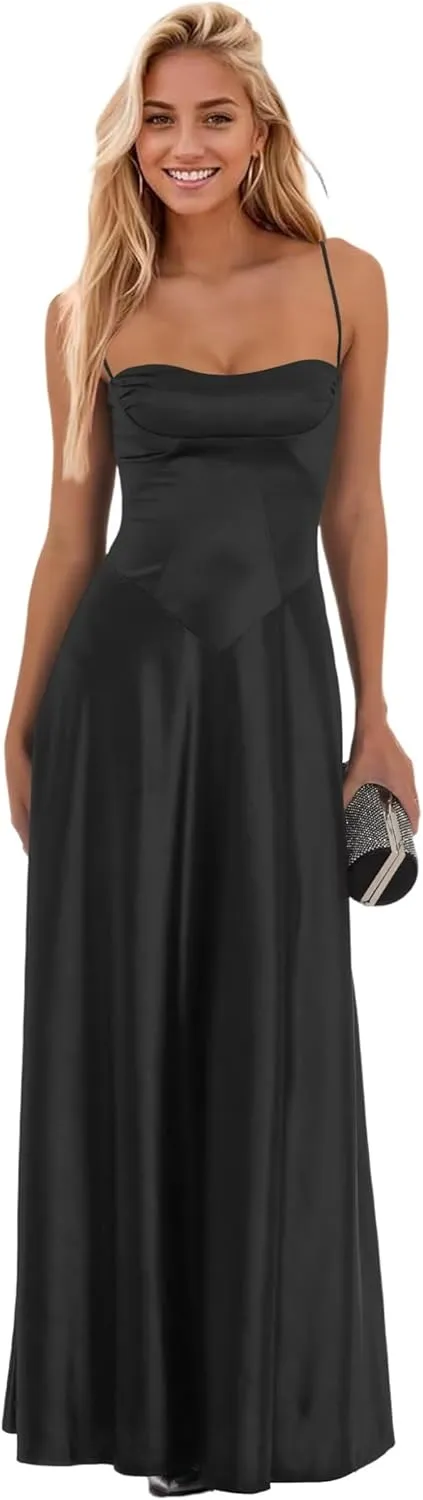 Satin Long Bridesmaid Dress 2025 A Line Spaghetti Straps Formal Evening Prom Dresses for Women IK063