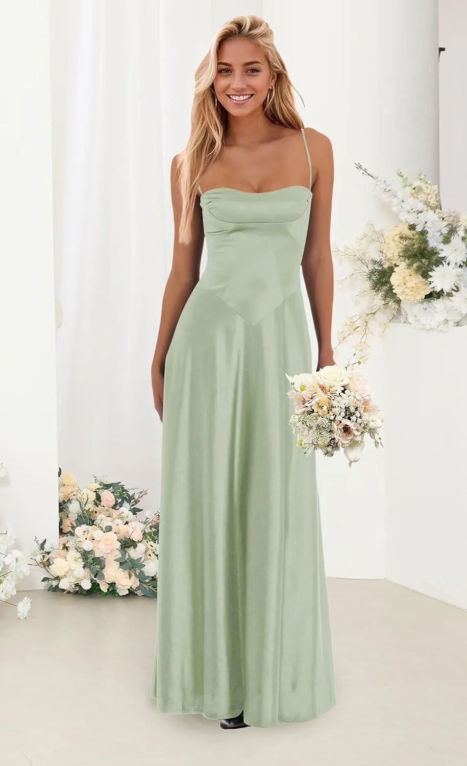 Satin Long Bridesmaid Dress 2025 A Line Spaghetti Straps Formal Evening Prom Dresses for Women IK063