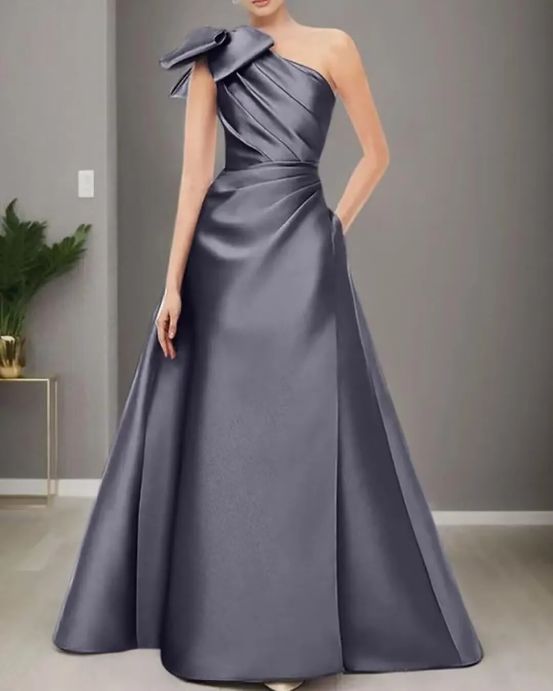 Satin Prom Dress for Women 2025 One Shoulder A Line Formal Evening Gown with Bow