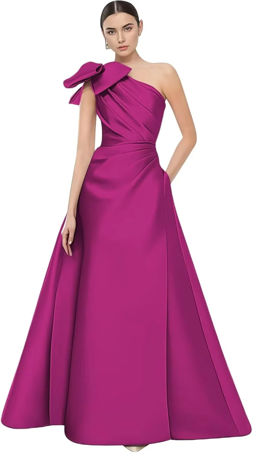 Satin Prom Dress for Women 2025 One Shoulder A Line Formal Evening Gown with Bow