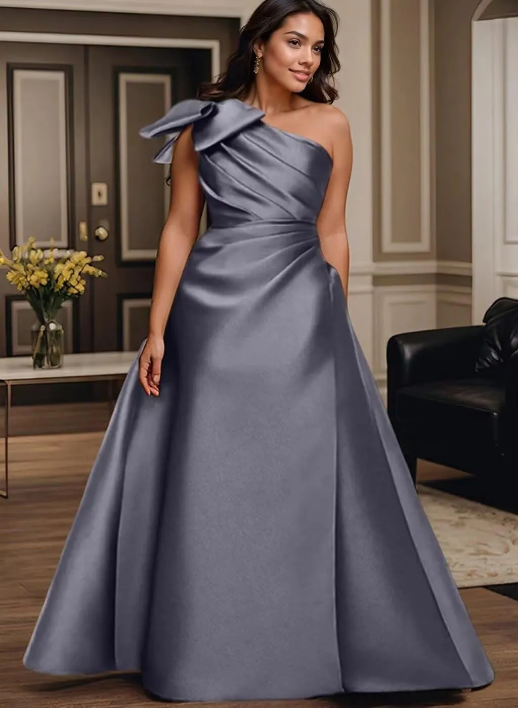 Satin Prom Dress for Women 2025 One Shoulder A Line Formal Evening Gown with Bow