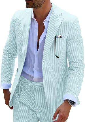 Seersucker Slim Suits for Men Formal Casul Summer Beach Wedding Grooms 2 Piece Blazer Pants Party Striped Suit Sets