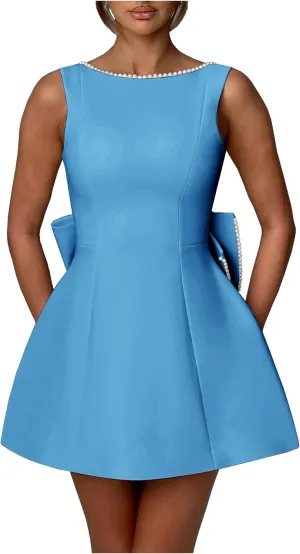 Sevintage Satin Pearl Homecoming Dress with Bow Short Modest Mini Cocktail Dresses for Wedding