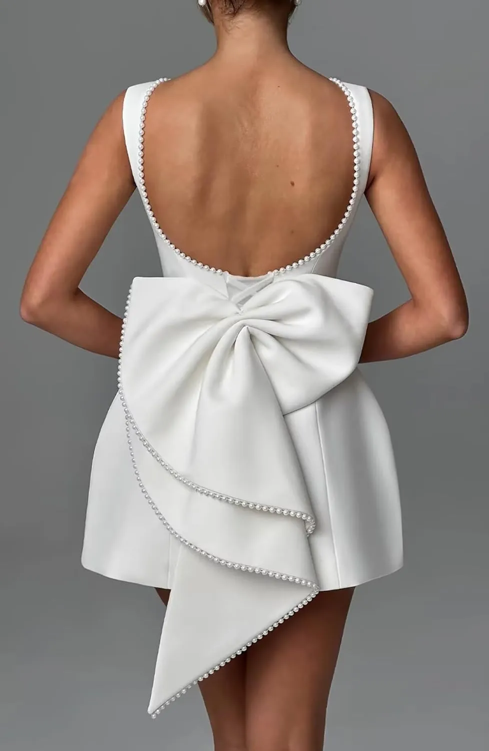 Sevintage Satin Pearl Homecoming Dress with Bow Short Modest Mini Cocktail Dresses for Wedding