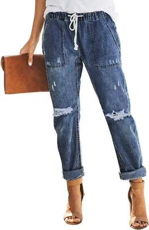 Sidefeel Women's Jeans Cargo Pants High Waisted Ripped Denim Joggers Pull On Elastic Drawstring Waist Trousers Blue Size 12