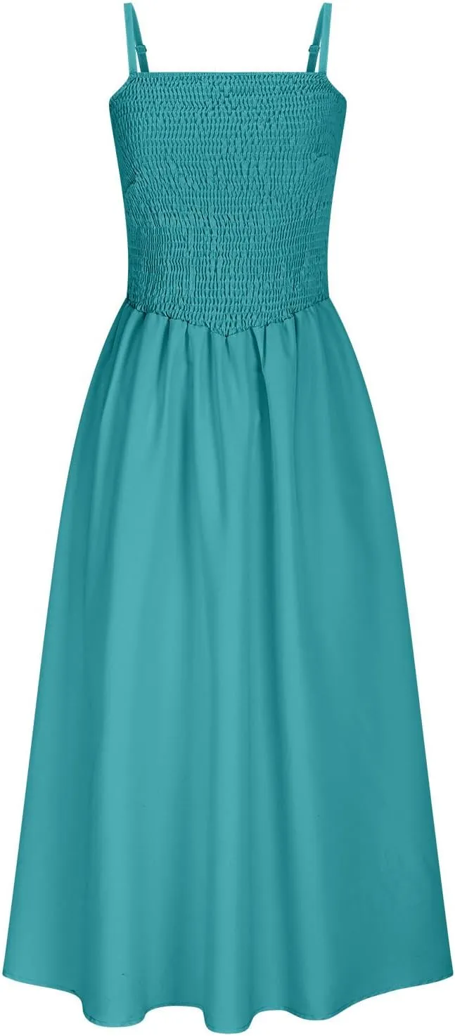 Smocked Dress Women Sleeveless Crew Neck Beach Maxi Sundresses Casual Spaghetti Strap Swing A Line Long Flowy Dress