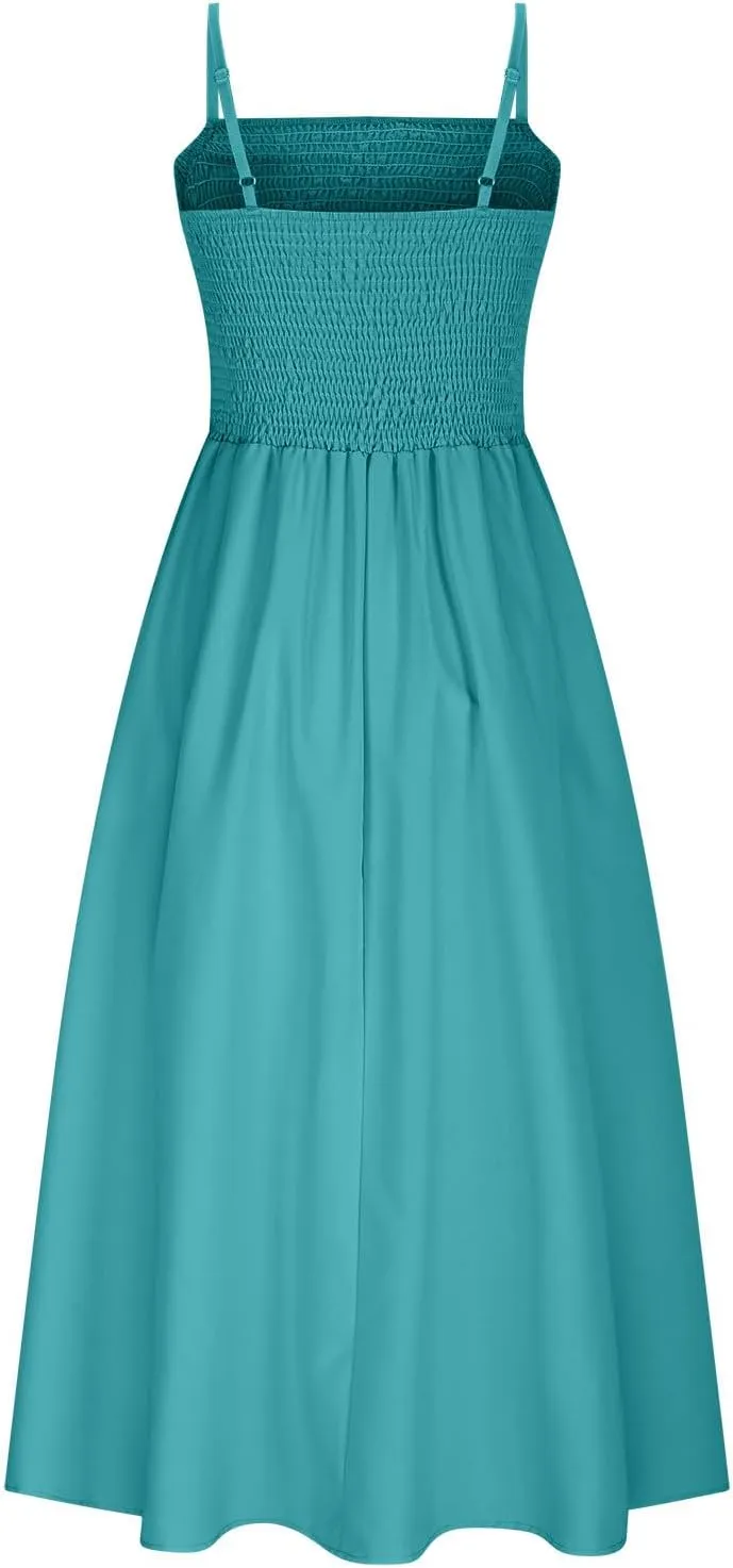 Smocked Dress Women Sleeveless Crew Neck Beach Maxi Sundresses Casual Spaghetti Strap Swing A Line Long Flowy Dress
