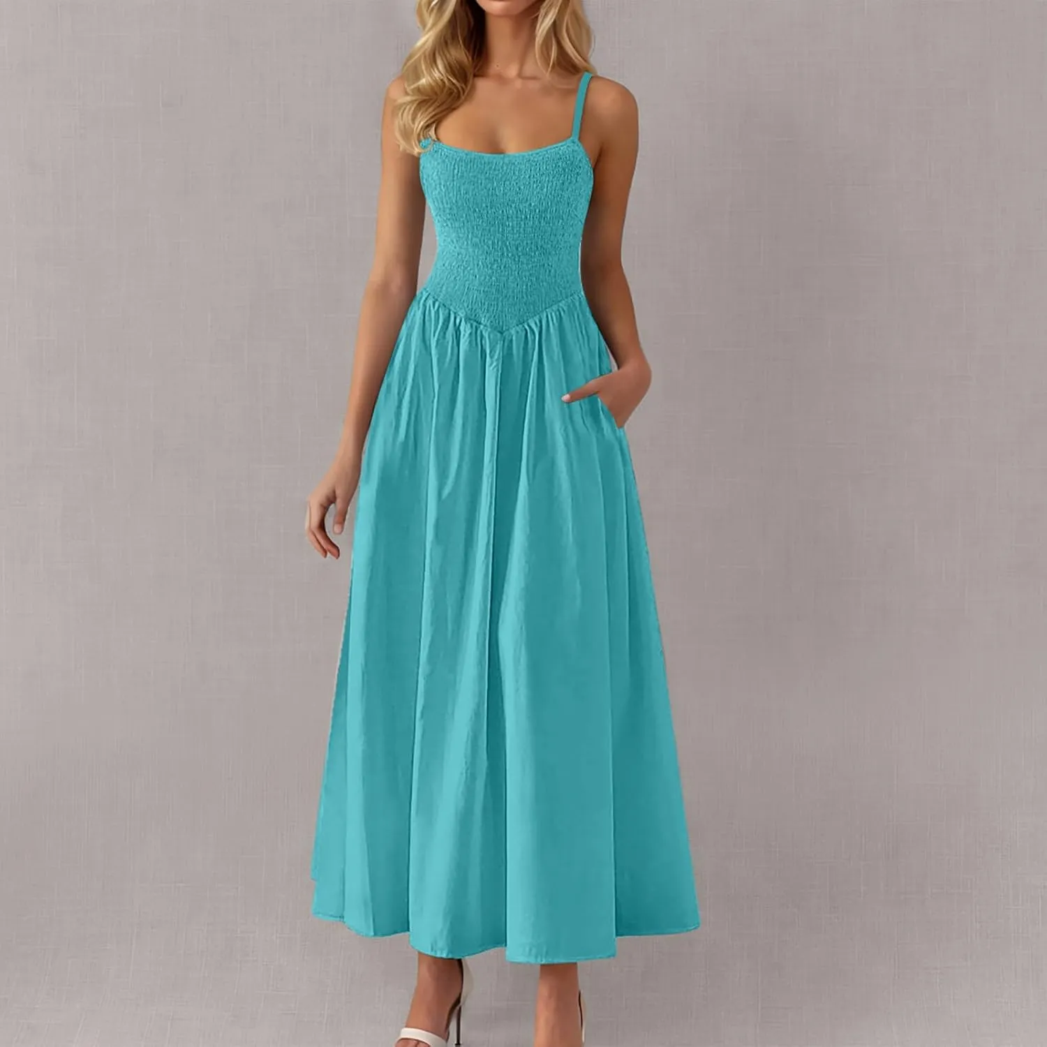 Smocked Dress Women Sleeveless Crew Neck Beach Maxi Sundresses Casual Spaghetti Strap Swing A Line Long Flowy Dress