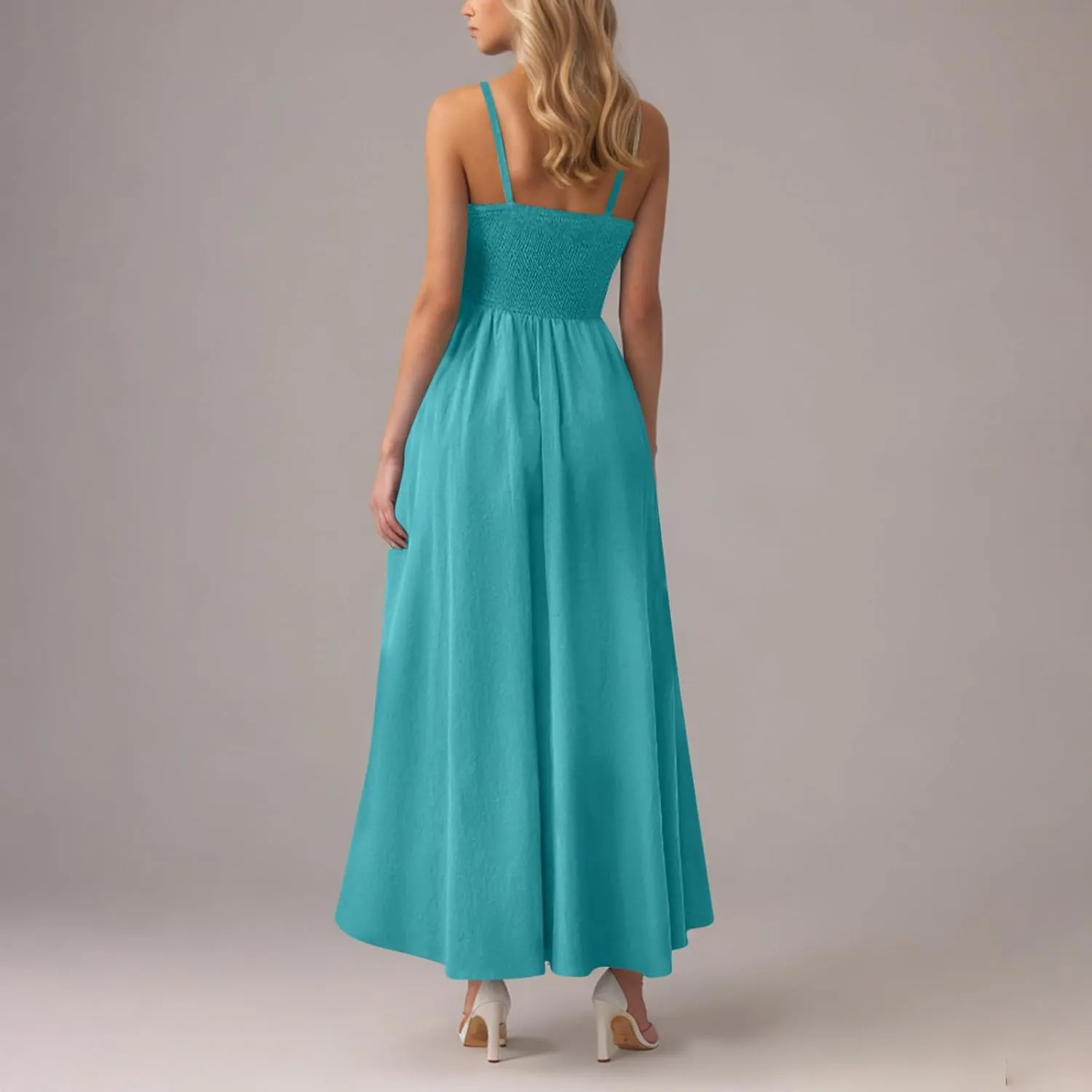 Smocked Dress Women Sleeveless Crew Neck Beach Maxi Sundresses Casual Spaghetti Strap Swing A Line Long Flowy Dress