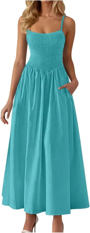 Smocked Dress Women Sleeveless Crew Neck Beach Maxi Sundresses Casual Spaghetti Strap Swing A Line Long Flowy Dress