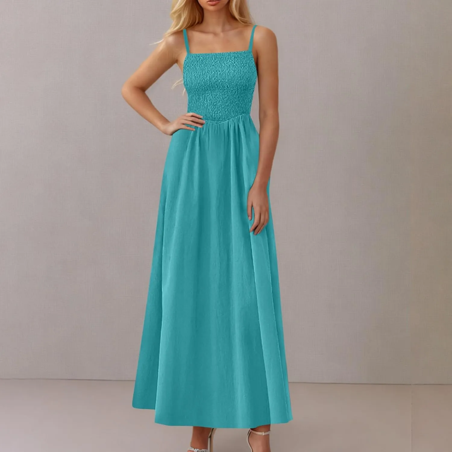 Smocked Dress Women Sleeveless Crew Neck Beach Maxi Sundresses Casual Spaghetti Strap Swing A Line Long Flowy Dress