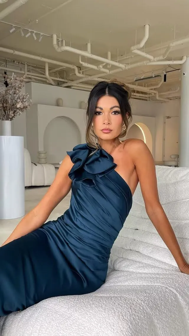 SoDigne One Shoulder Satin 2025 Mermaid Bridesmaid Dresses for Women Long Ruffles Prom Dress with Slit