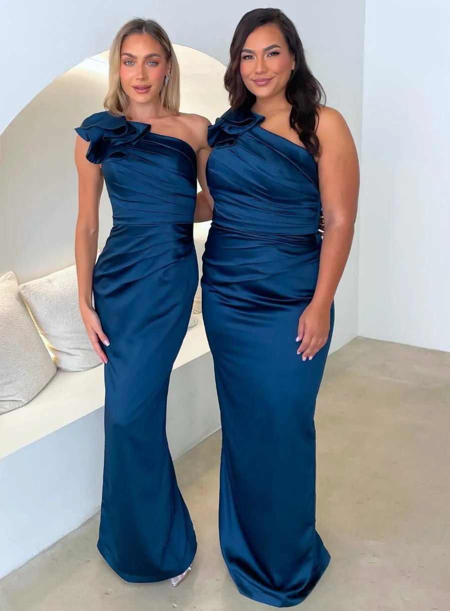 SoDigne One Shoulder Satin 2025 Mermaid Bridesmaid Dresses for Women Long Ruffles Prom Dress with Slit