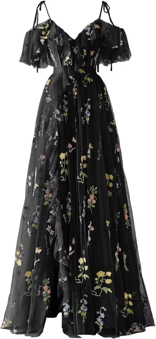 SoDigne Puffy Sleeve Long Prom Dresses Flower Embroidery Tulle V Neck Backless A-line Formal Evening Party Gown for Women