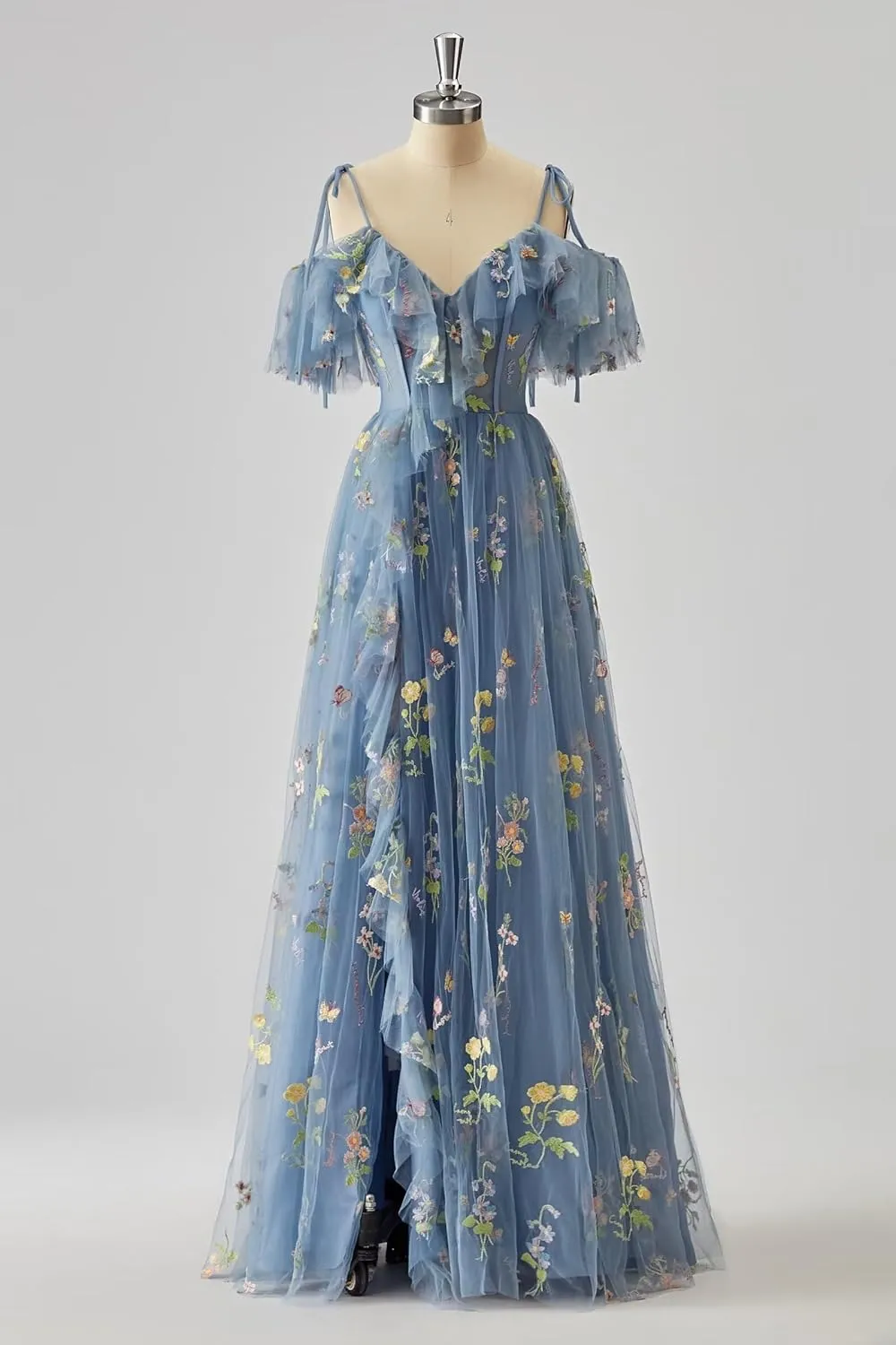 SoDigne Puffy Sleeve Long Prom Dresses Flower Embroidery Tulle V Neck Backless A-line Formal Evening Party Gown for Women