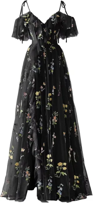 SoDigne Puffy Sleeve Long Prom Dresses Flower Embroidery Tulle V Neck Backless A-line Formal Evening Party Gown for Women
