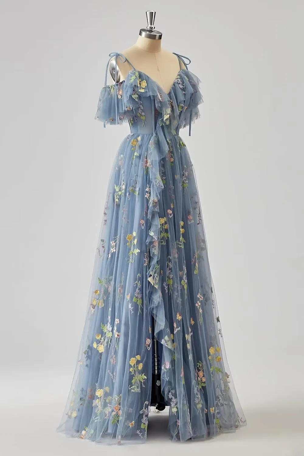 SoDigne Puffy Sleeve Long Prom Dresses Flower Embroidery Tulle V Neck Backless A-line Formal Evening Party Gown for Women
