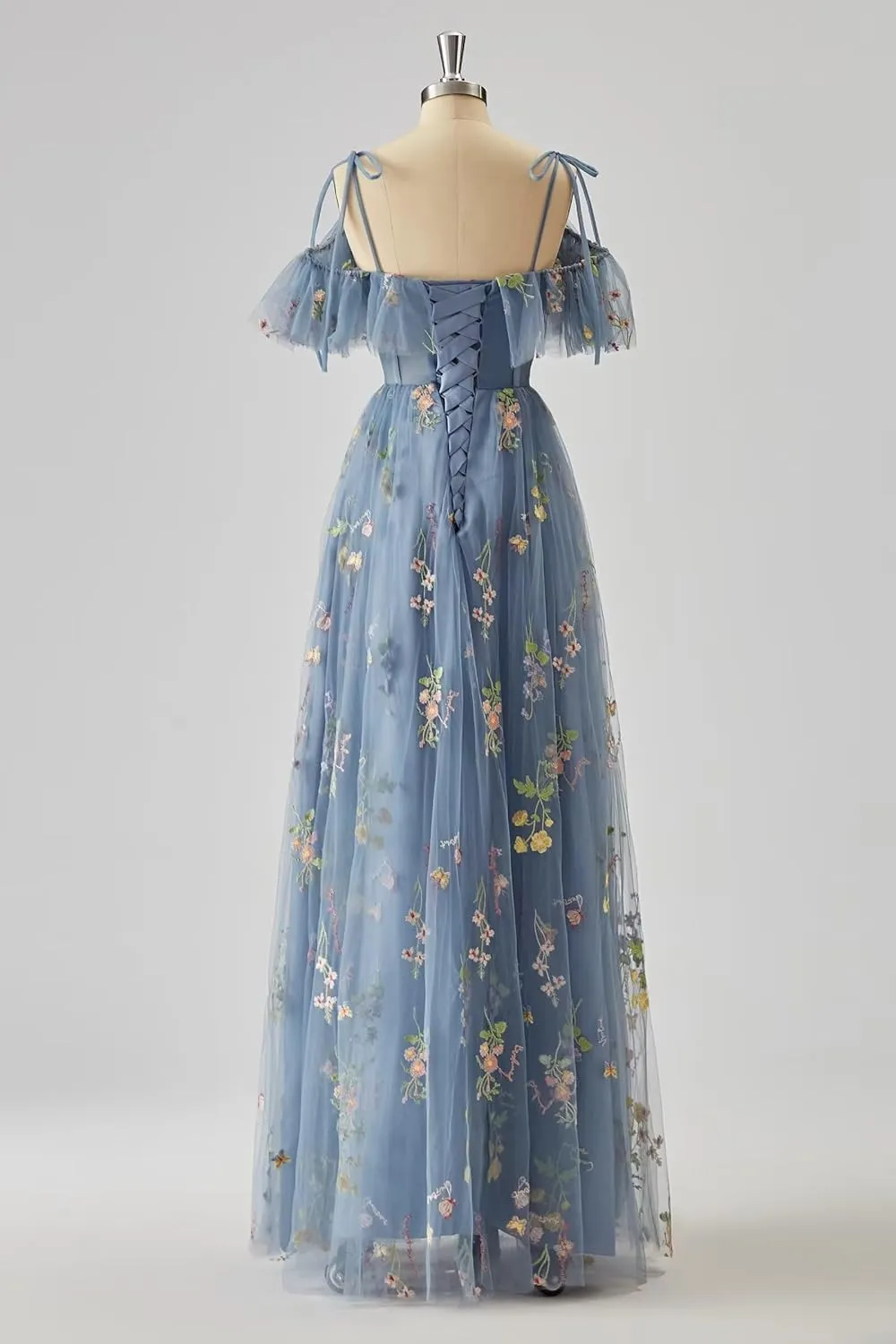 SoDigne Puffy Sleeve Long Prom Dresses Flower Embroidery Tulle V Neck Backless A-line Formal Evening Party Gown for Women