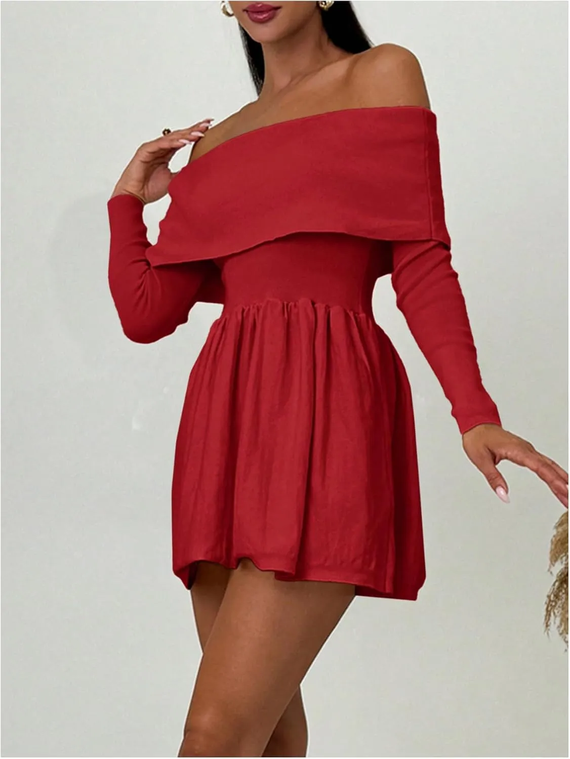 SOLY HUX Women's Off The Shoulder Sweater Dress Long Sleeve A Line Ruffle Hem Knit Mini Dresses