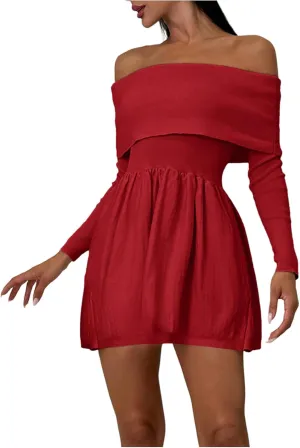 SOLY HUX Women's Off The Shoulder Sweater Dress Long Sleeve A Line Ruffle Hem Knit Mini Dresses