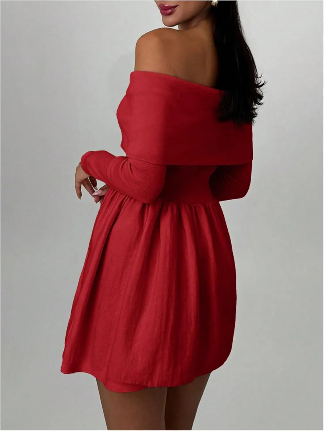 SOLY HUX Women's Off The Shoulder Sweater Dress Long Sleeve A Line Ruffle Hem Knit Mini Dresses