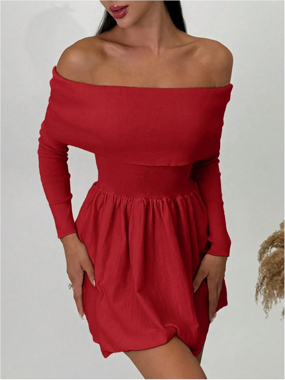 SOLY HUX Women's Off The Shoulder Sweater Dress Long Sleeve A Line Ruffle Hem Knit Mini Dresses