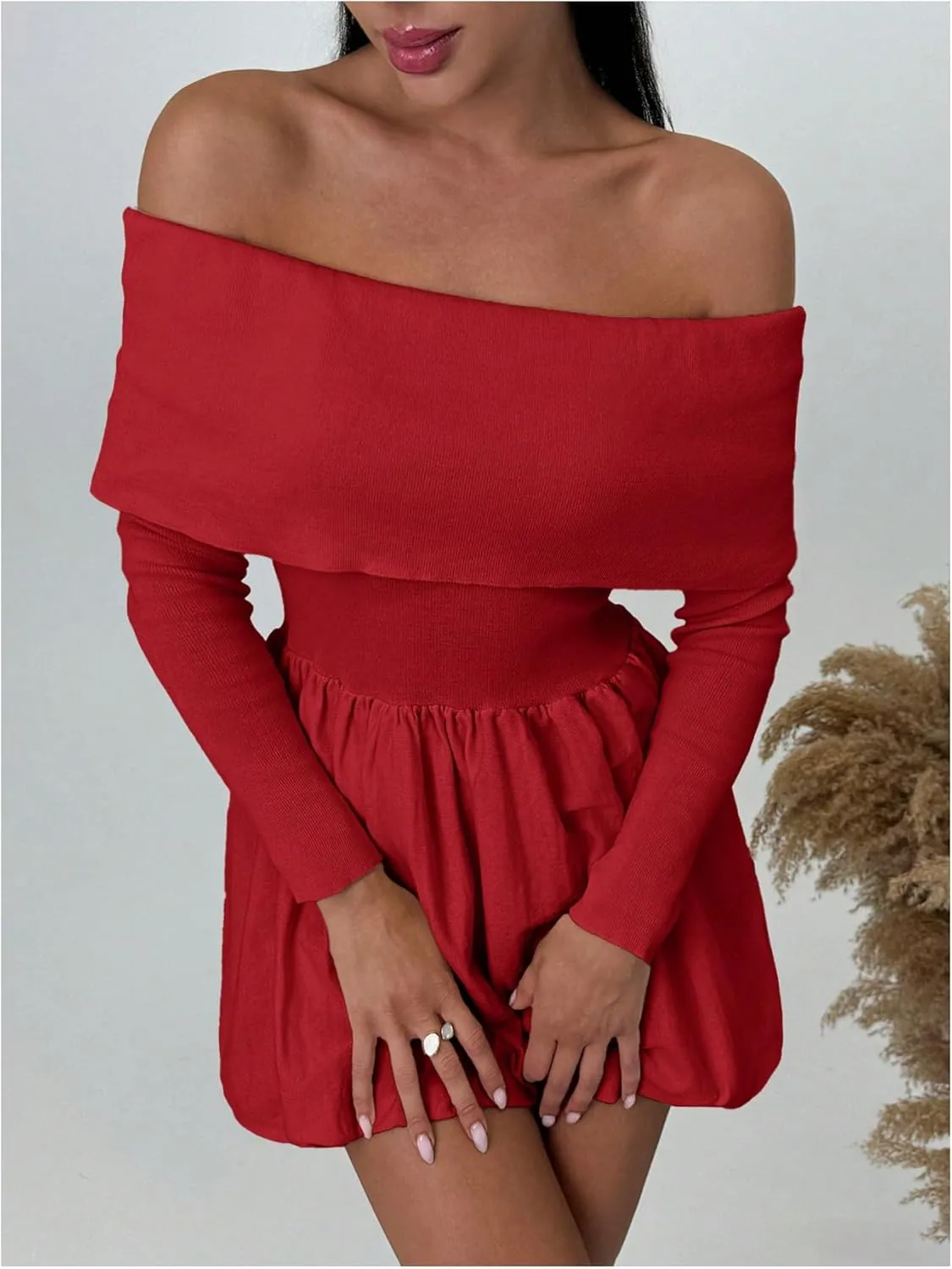 SOLY HUX Women's Off The Shoulder Sweater Dress Long Sleeve A Line Ruffle Hem Knit Mini Dresses