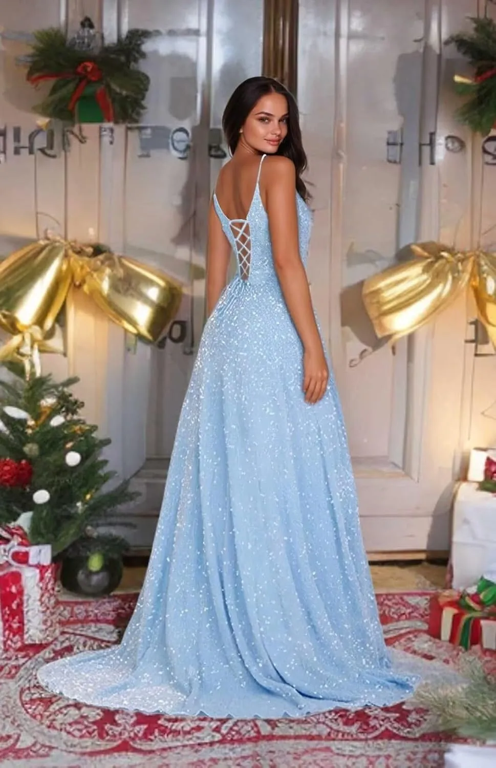Spaghetti Straps Sequin Prom Dresses 2025 Long Sparkly A Line Formal Ball Gowns with Pockets VS161