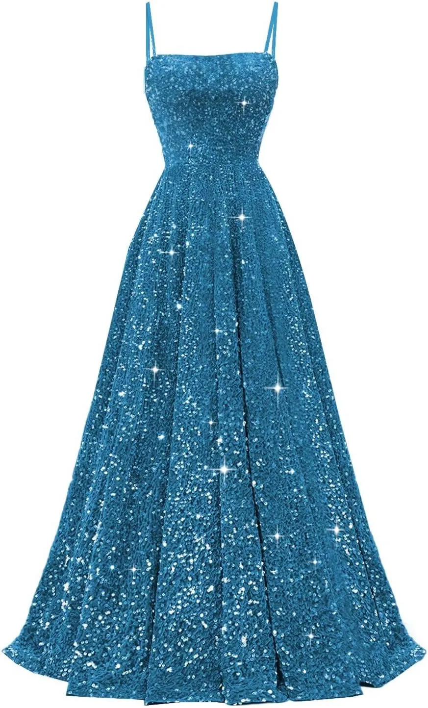 Spaghetti Straps Sequin Prom Dresses 2025 Long Sparkly A Line Formal Ball Gowns with Pockets VS161
