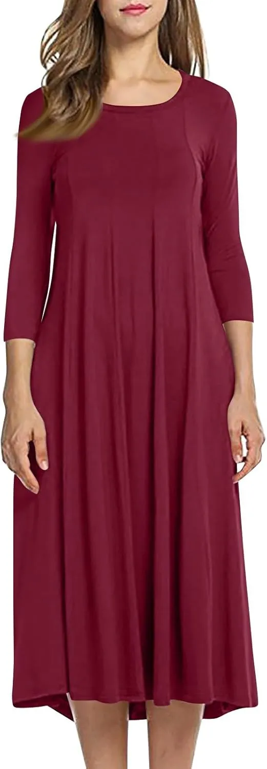 Spring Dresses for Women 2025 Round Neck 3/4 Sleeve A Line Dresses Business Casual Modest Midi Dresses with Pockets