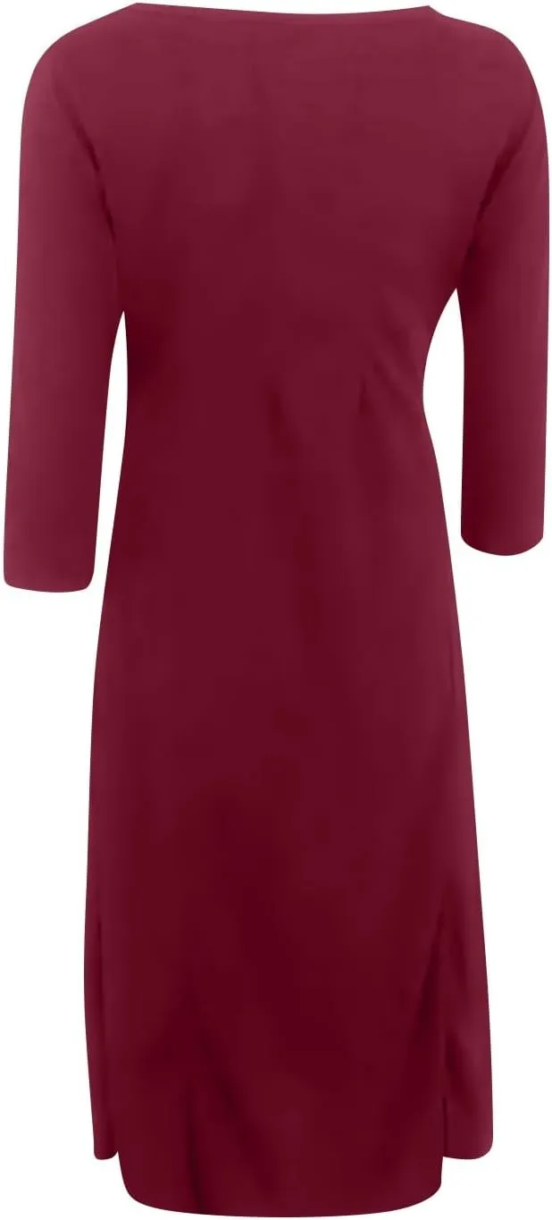Spring Dresses for Women 2025 Round Neck 3/4 Sleeve A Line Dresses Business Casual Modest Midi Dresses with Pockets