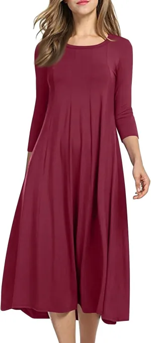 Spring Dresses for Women 2025 Round Neck 3/4 Sleeve A Line Dresses Business Casual Modest Midi Dresses with Pockets