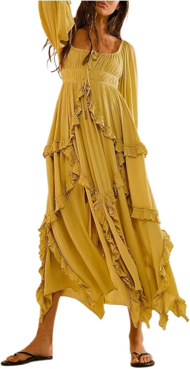 Spring Dresses for Women 2025, Women's Boho Lantern Sleeve Square Neck Smocked High Waist Flowy A Line Ruffle Hem Maxi Dress
