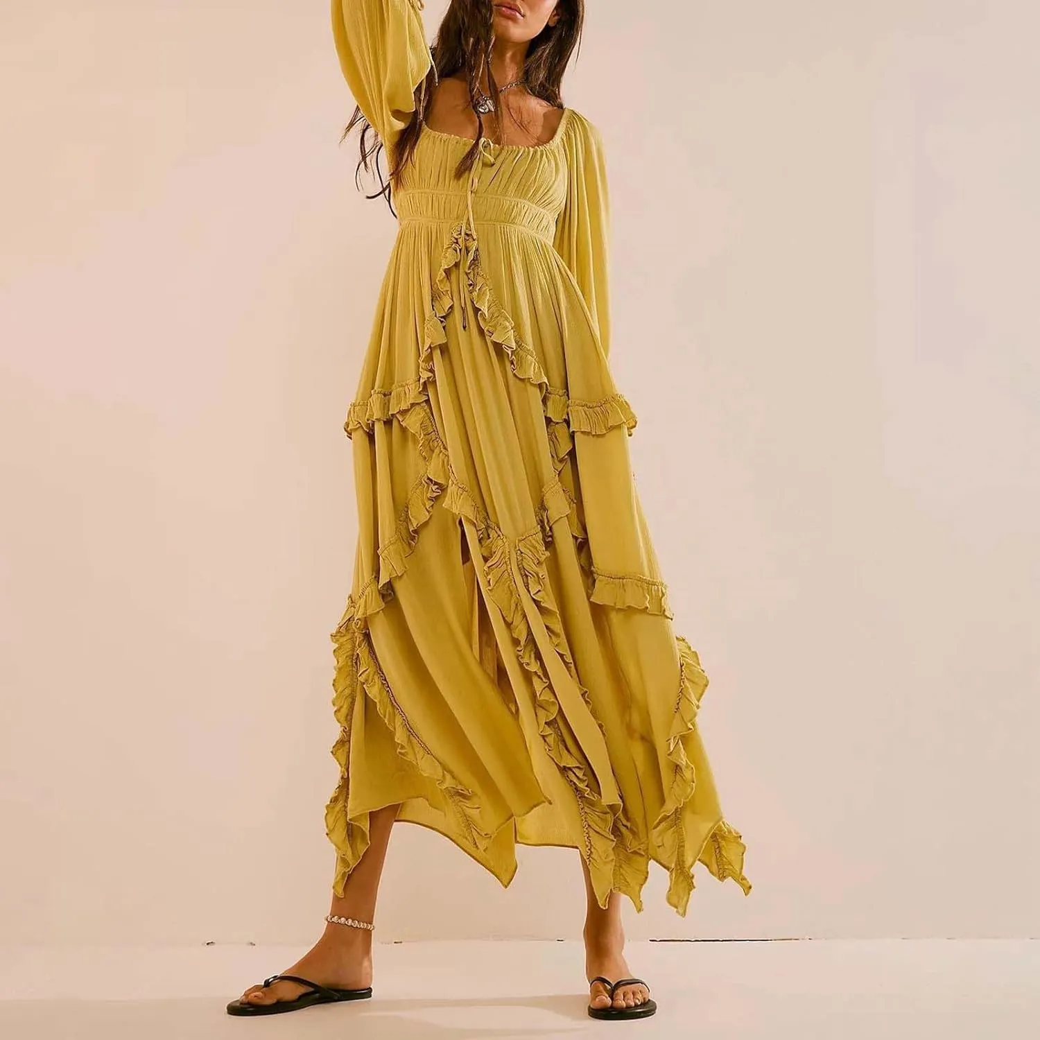 Spring Dresses for Women 2025, Women's Boho Lantern Sleeve Square Neck Smocked High Waist Flowy A Line Ruffle Hem Maxi Dress