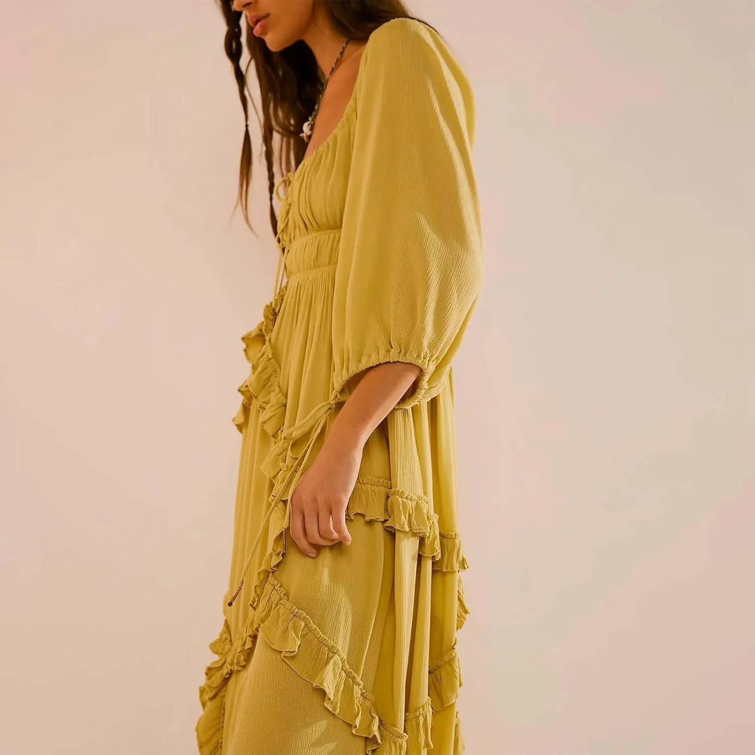 Spring Dresses for Women 2025, Women's Boho Lantern Sleeve Square Neck Smocked High Waist Flowy A Line Ruffle Hem Maxi Dress