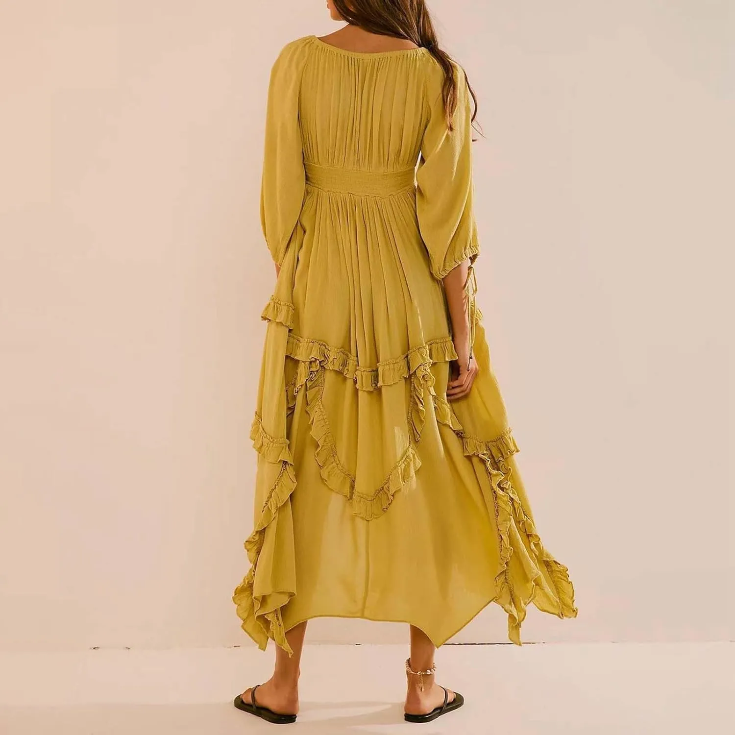 Spring Dresses for Women 2025, Women's Boho Lantern Sleeve Square Neck Smocked High Waist Flowy A Line Ruffle Hem Maxi Dress