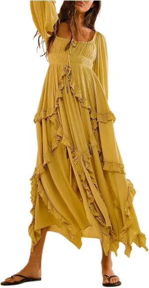 Spring Dresses for Women 2025, Women's Boho Lantern Sleeve Square Neck Smocked High Waist Flowy A Line Ruffle Hem Maxi Dress