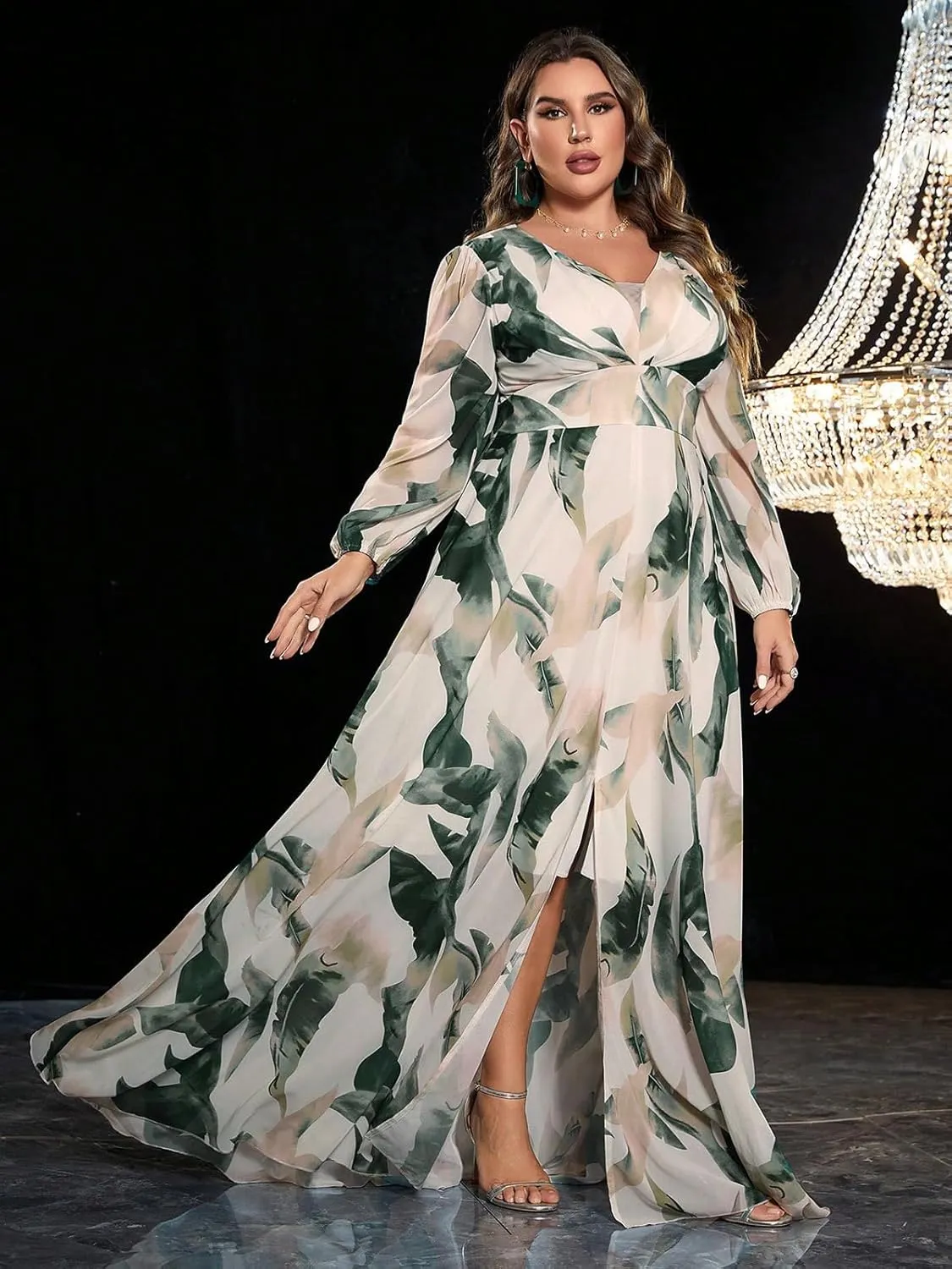 Spring Summer 2024 Plus Size Womens Dresses V Neck Casual Elegant Ruffle Sleeve Floral Print Layer Hem Long Maxi Dress