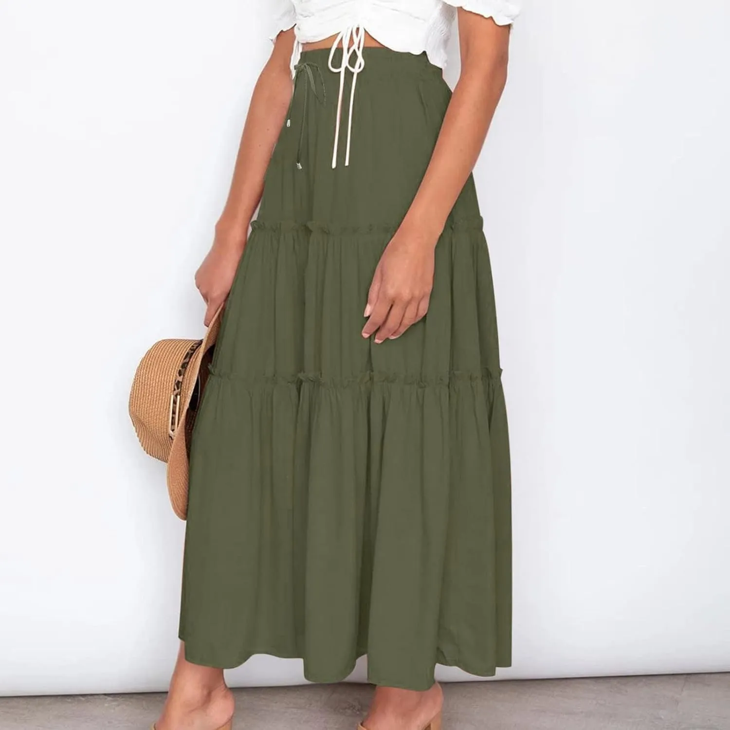 Summer Dresses for Women 2025 Vacation Womens Solid Elastic Long Skirts High Waist Pleated A Line Tiered Maxi Skirt