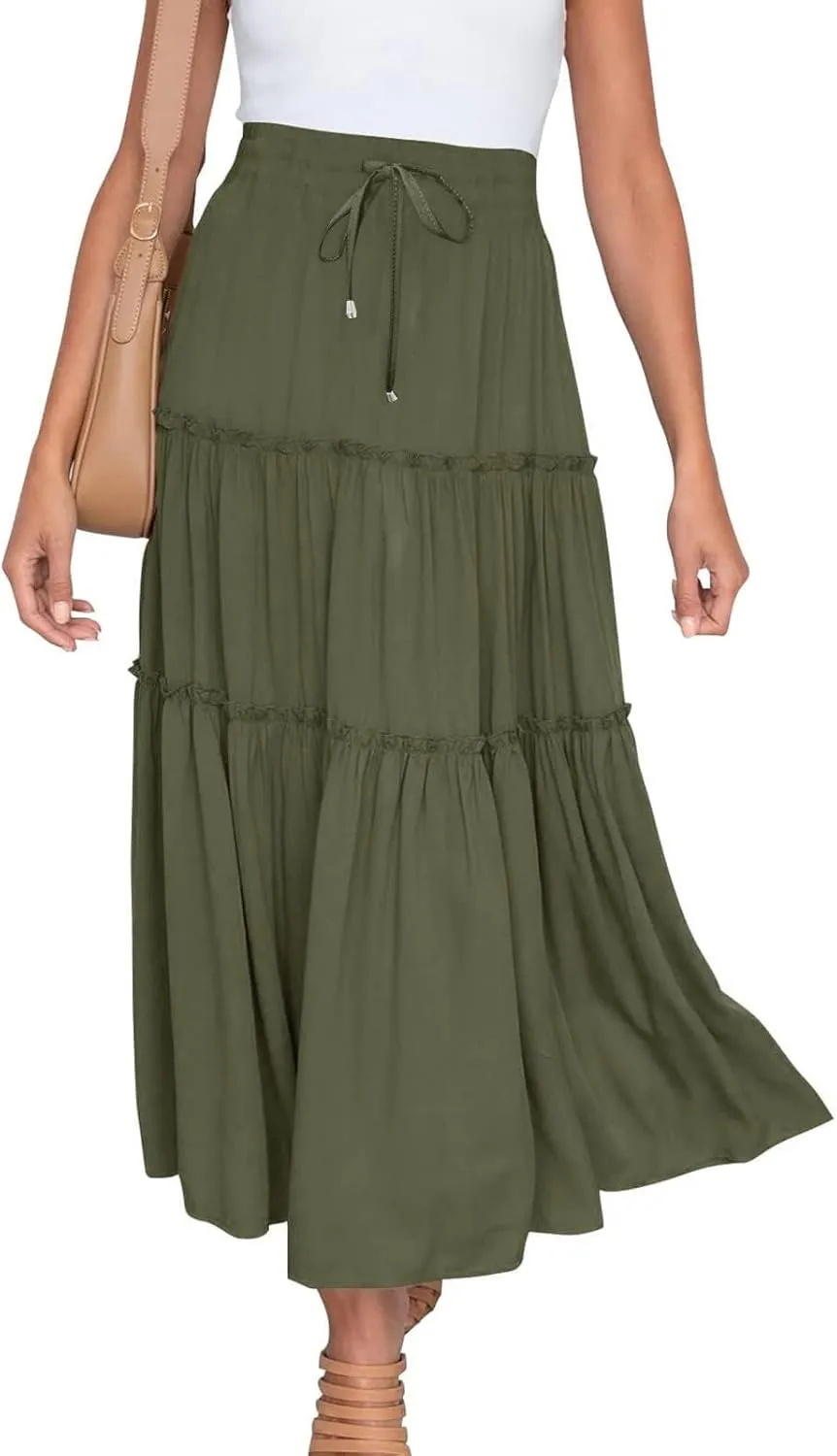 Summer Dresses for Women 2025 Vacation Womens Solid Elastic Long Skirts High Waist Pleated A Line Tiered Maxi Skirt