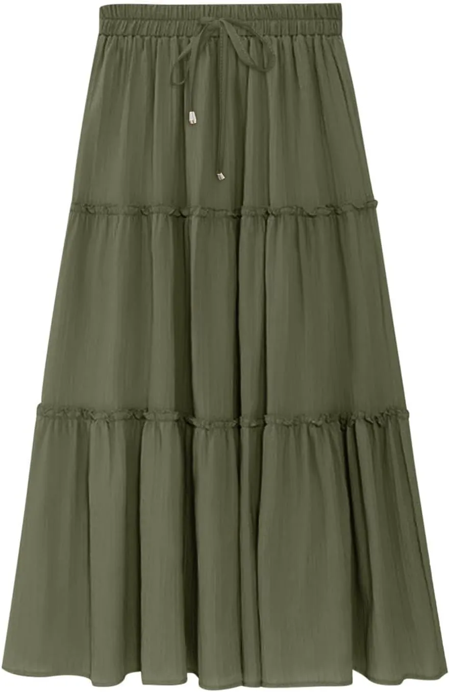 Summer Dresses for Women 2025 Vacation Womens Solid Elastic Long Skirts High Waist Pleated A Line Tiered Maxi Skirt