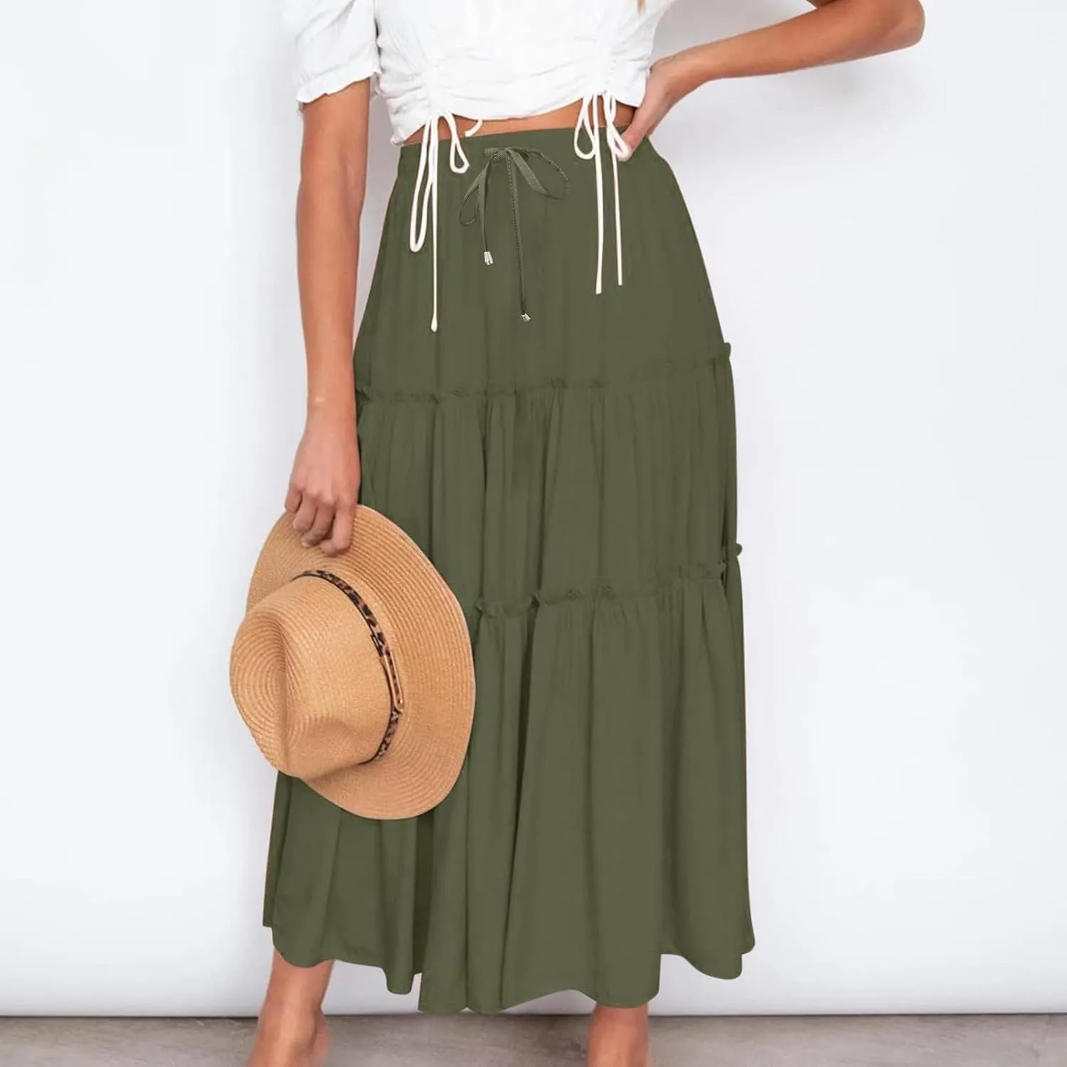 Summer Dresses for Women 2025 Vacation Womens Solid Elastic Long Skirts High Waist Pleated A Line Tiered Maxi Skirt