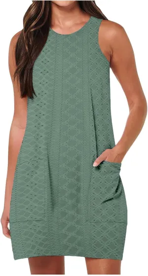 Summer Dresses for Women Casual Round Neck Sleeveless Mini Dress Loose Fit Texture Hollow Out A Line Beach Sundress