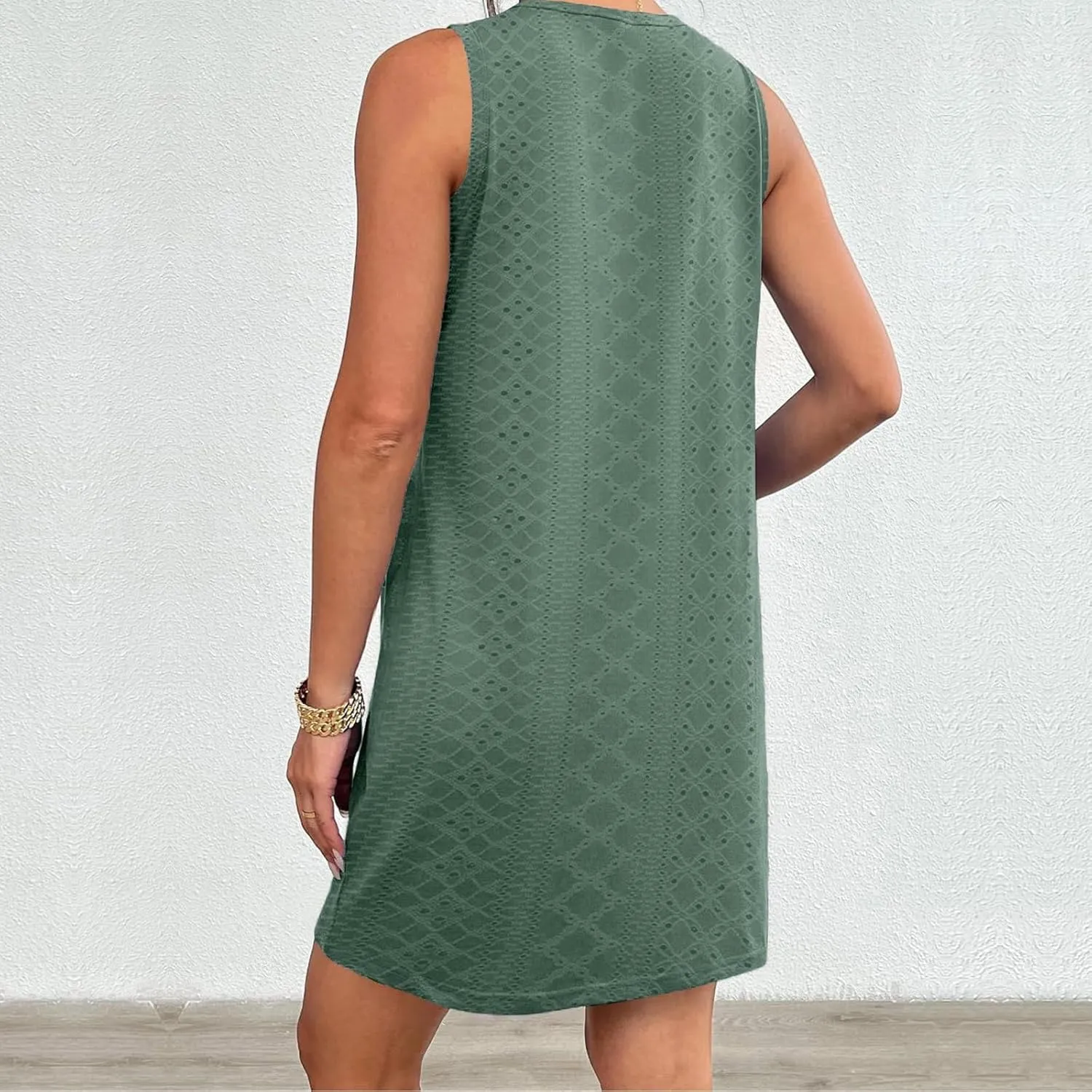 Summer Dresses for Women Casual Round Neck Sleeveless Mini Dress Loose Fit Texture Hollow Out A Line Beach Sundress