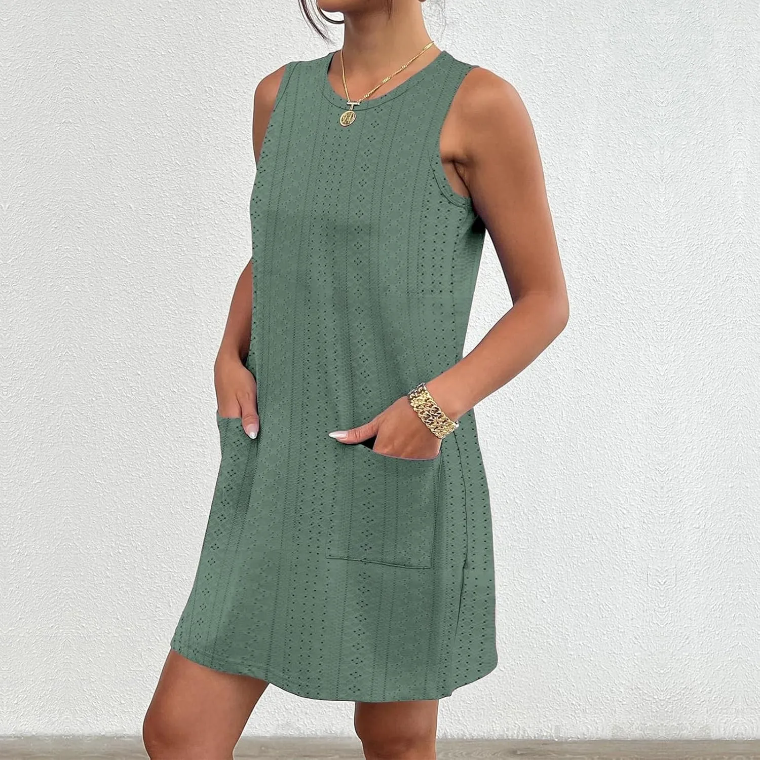 Summer Dresses for Women Casual Round Neck Sleeveless Mini Dress Loose Fit Texture Hollow Out A Line Beach Sundress