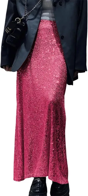 Sunloudy Women Sequin Maxi Skirts Glitter Bodycon Long Mermaid Skirt High Waisted Going Out Skirts