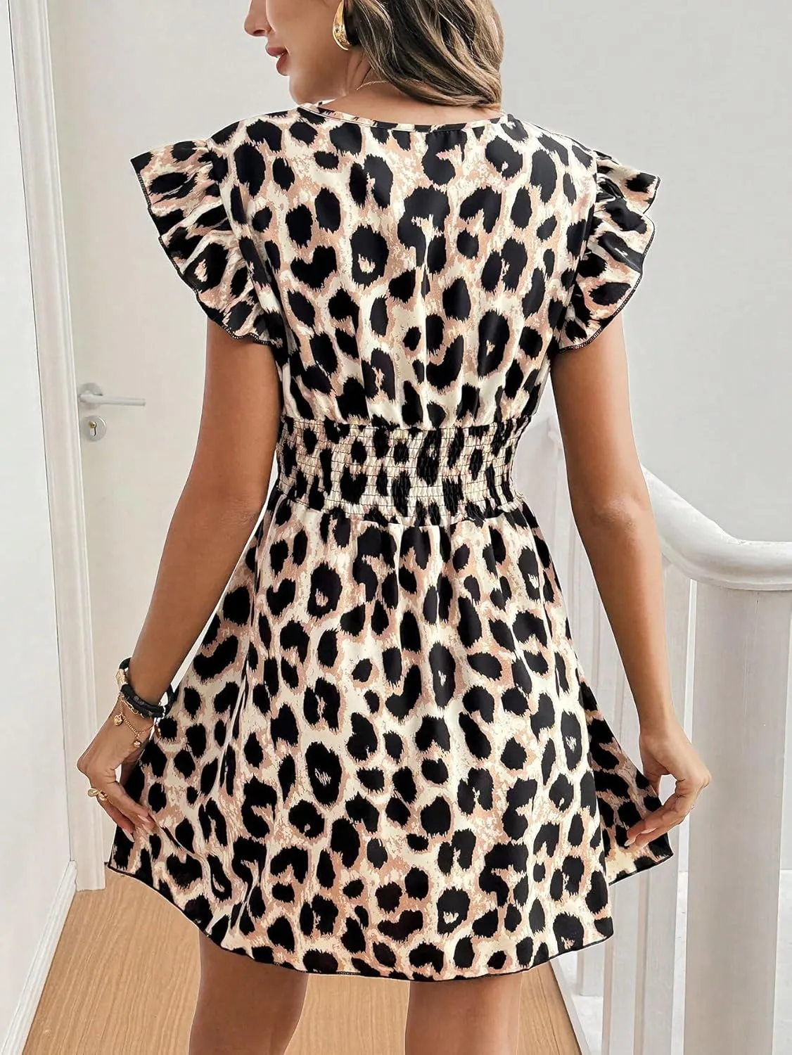 SweatyRocks Women's Leopard Print Mini Dress Short Sleeve V Neck Ruffle A Line Flowy Summer Dresses