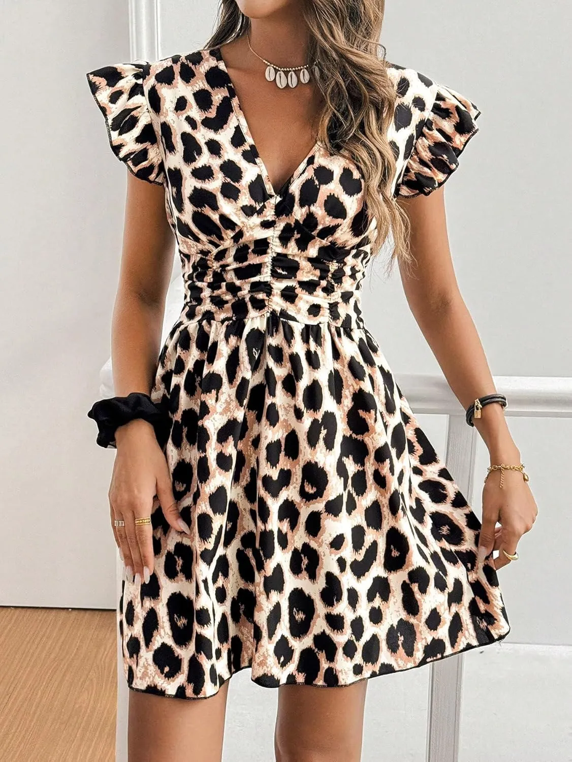 SweatyRocks Women's Leopard Print Mini Dress Short Sleeve V Neck Ruffle A Line Flowy Summer Dresses