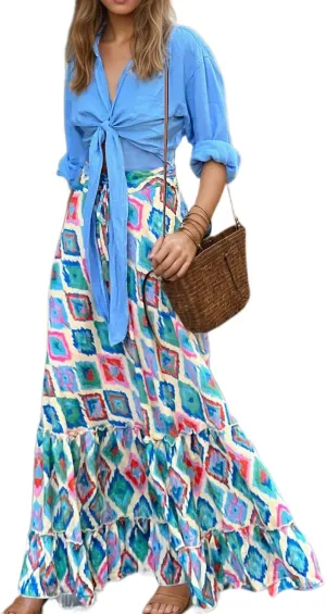 TIAFORD Womens Boho Floral Print Maxi Skirt Summer Pleated Ruffle Elastic Waist Beach Long Skirts